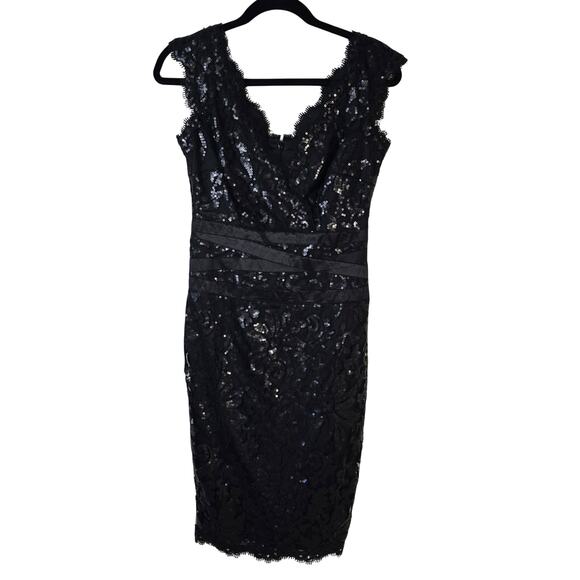 Tadashi Shoji Dress Women's 2 Black Paillette Embroidered Lace V-Neck Elegant - Picture 1 of 14